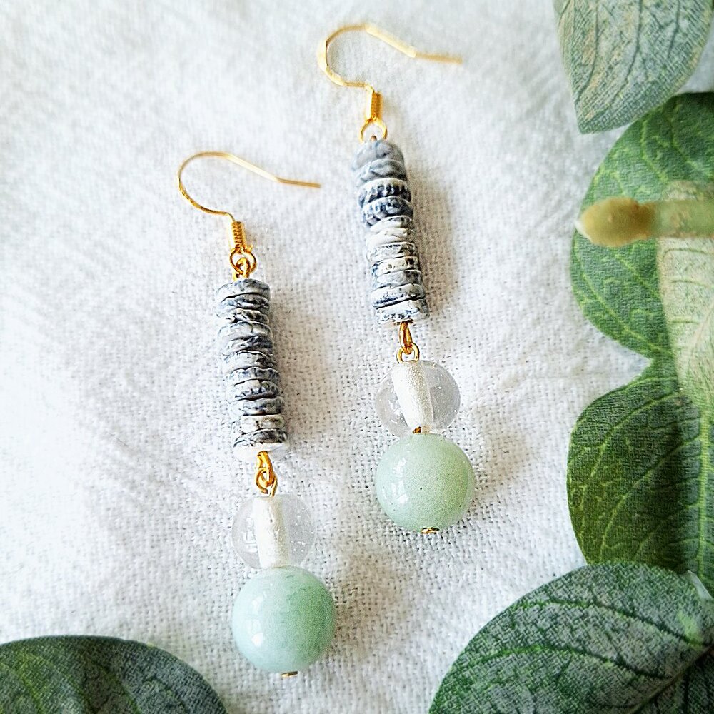 Long Shell & Crystal Stack Earrings, Beachy Hippie Earrings, Ethereal Ocean